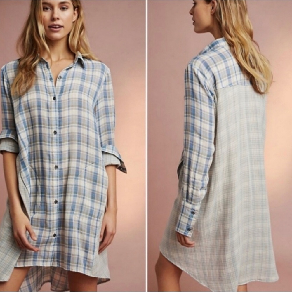 Saturday Sunday Anthropologie Grunge Blue Plaid Gauzy Shirt Dress Size S Boho